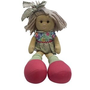 Rag‎ Doll Plush Toy Girl Tan Yarn Hair Floral Dress Polka Dot Bow